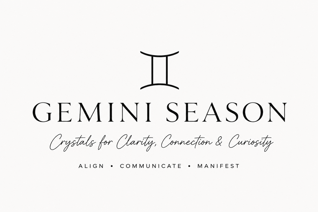 "Gemini Season crystal guide banner featuring the Gemini zodiac symbol and the text 'Crystals for Clarity, Connection & Curiosity.'"
