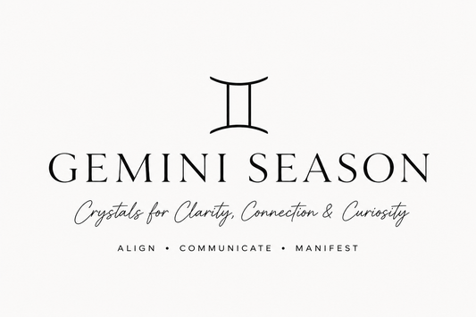 "Gemini Season crystal guide banner featuring the Gemini zodiac symbol and the text 'Crystals for Clarity, Connection & Curiosity.'"